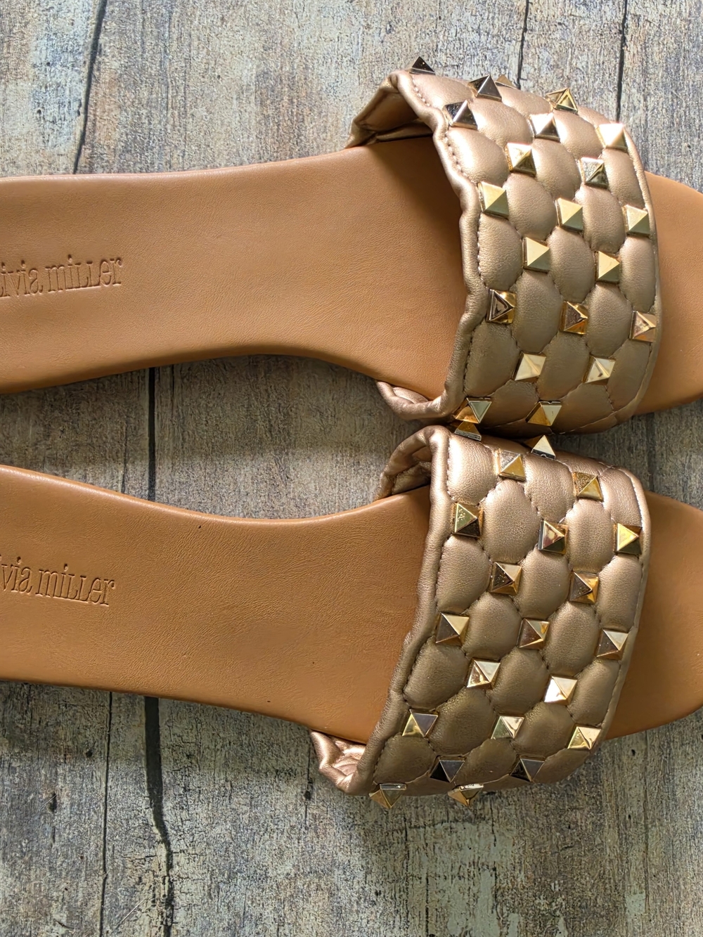 Olivia Miller Metallic Bronze Gold Quilted Slide Sandals with Pyramid Studs